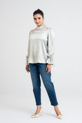 Satin Embroidered Scallop Neck Top